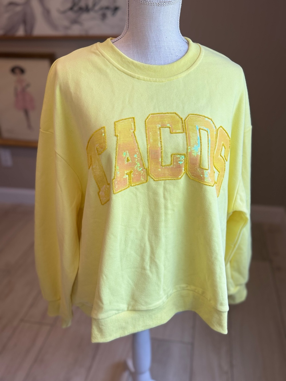 QUEEN OF SPARKLES Yellow Sequin Tacos Oversized Sweatshirt